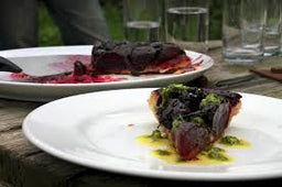 Caramelised Beetroot Tart Tatin with Cornish Blue and wild rocket